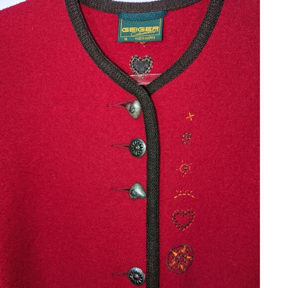 Vintage Geiger Red Boiled Wool Cardigan Shacket Heart Button Embroidered Size 36 - Picture 3 of 11